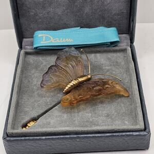 Vintage Daum Violet Butterfly Art Glass Gold Tone Stick Pin Brooch IOB